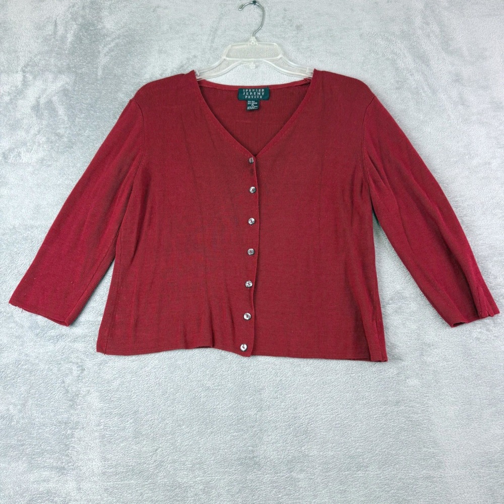 Spenser Jeremy PL Red Silk Blend Ribbed Cardigan V-Neck 3/4 Sleeve Sweater